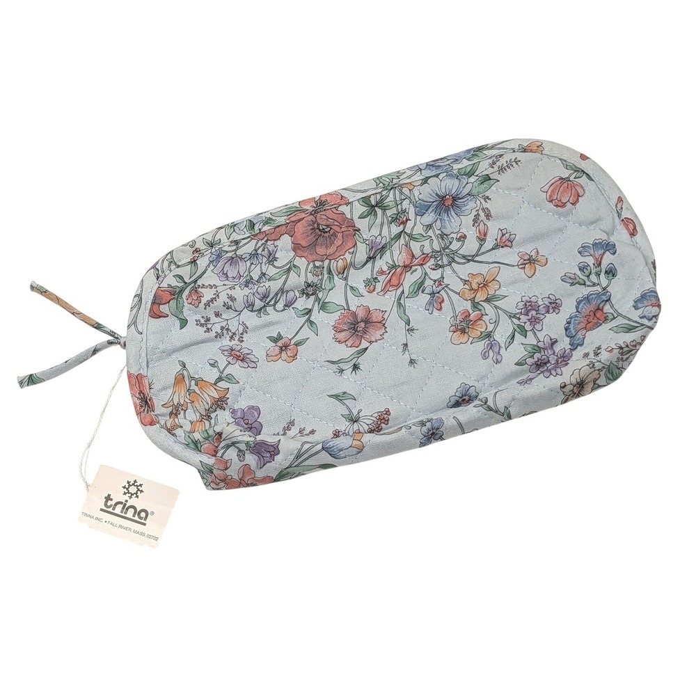 Vintage‎ Trina Turk Floral Quilted Case Pouch NWT Blue Zip Makeup Travel Bag